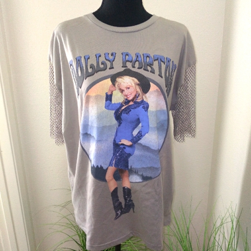 Dolly Parton Women's Iridescent Rhinestome Short Sleeve Grey Graphic Tee- Size M